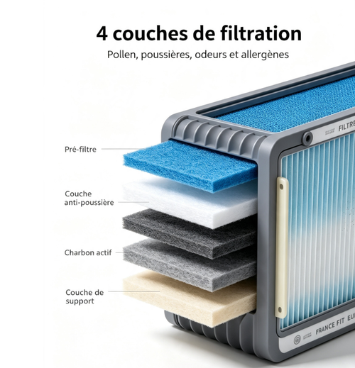 Filtre d’habitacle 4 couches compatible véhicules français, filtration pollens et allergènes