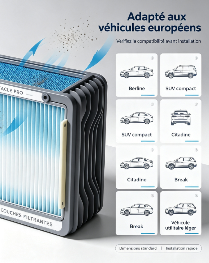 Filtre d’habitacle 4 couches compatible véhicules français, filtration pollens et allergènes