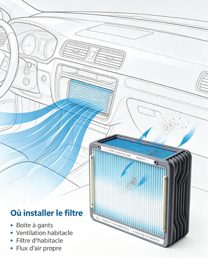 Filtre d’habitacle 4 couches compatible véhicules français, filtration pollens et allergènes