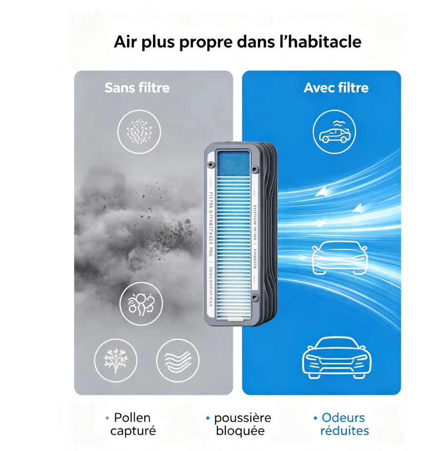 Filtre d’habitacle 4 couches compatible véhicules français, filtration pollens et allergènes