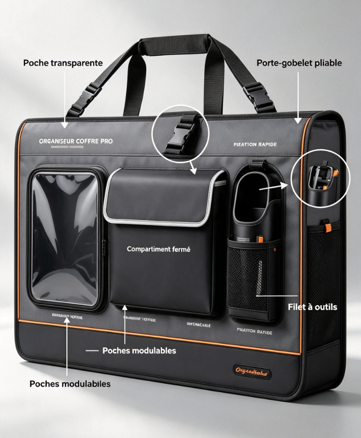 Organiseur coffre auto multifonction à sangles ajustables, tissu Oxford imperméable pour SUV, berline et break français