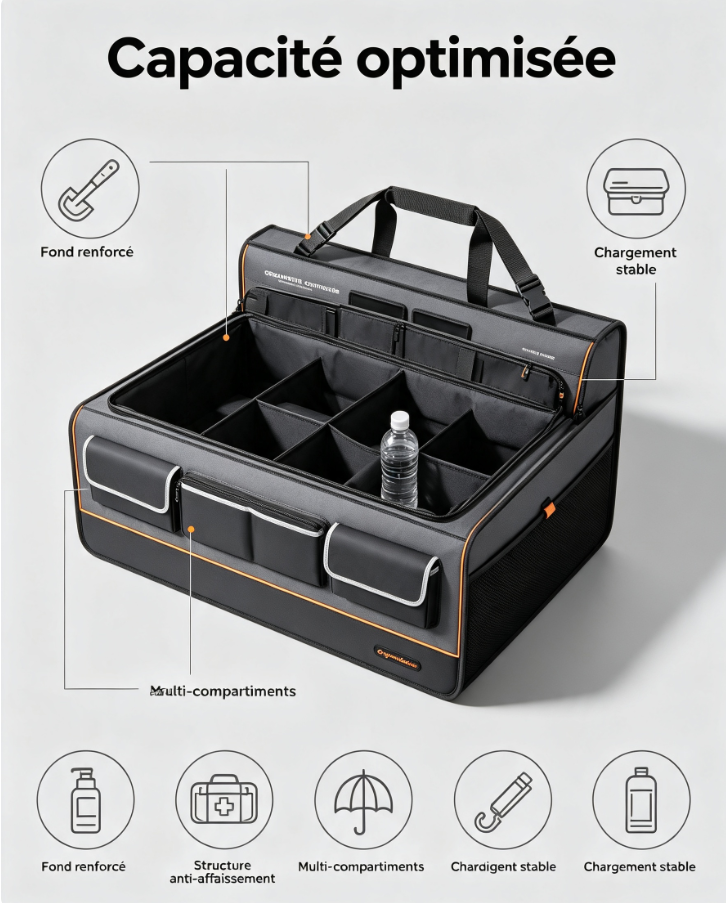 Organiseur coffre auto multifonction à sangles ajustables, tissu Oxford imperméable pour SUV, berline et break français