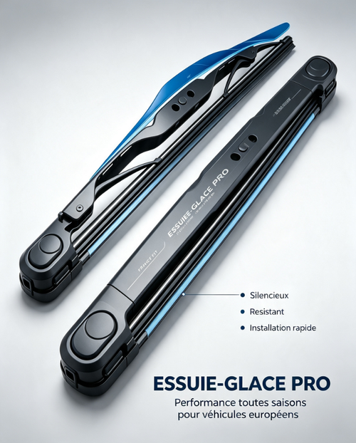 Essuie-glace pro avec bande caoutchouc revêtue anti-bruit, fixation rapide, adapté aux berlines, SUV et breaks européens