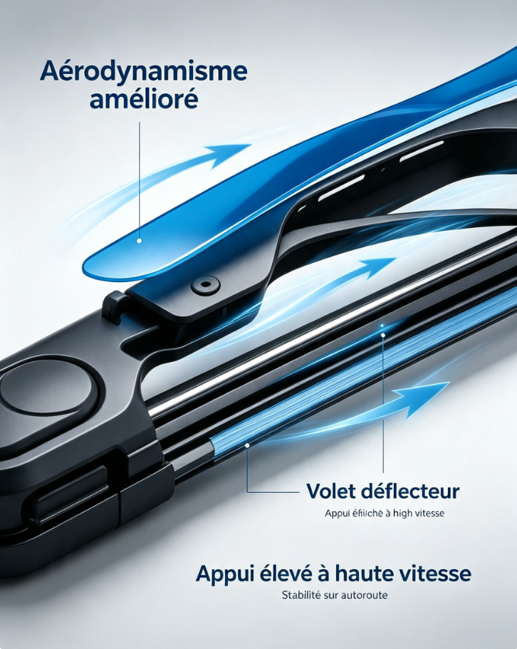 Essuie-glace pro avec bande caoutchouc revêtue anti-bruit, fixation rapide, adapté aux berlines, SUV et breaks européens