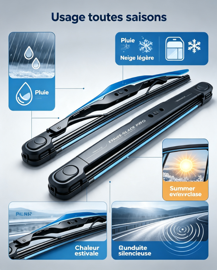 Essuie-glace pro avec bande caoutchouc revêtue anti-bruit, fixation rapide, adapté aux berlines, SUV et breaks européens